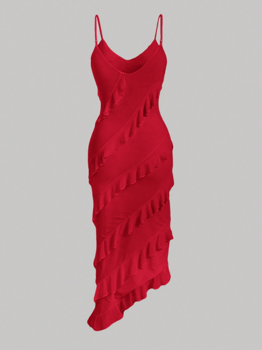 MOD Asymmetrical Hem Cami Red Valentine's Day Multi-Layered Lotus Leaf Long Dress With Ruffle Trim