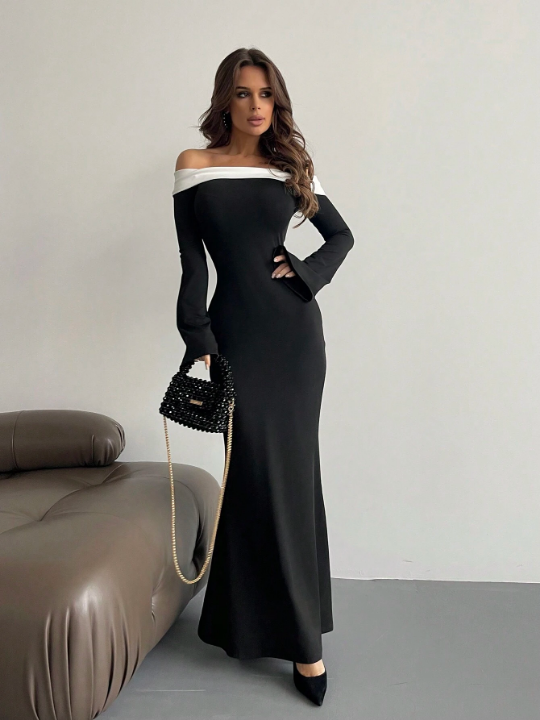 Aloruh Contrast Off Shoulder Bell Sleeve Bodycon Long Black Dress With Sleeves