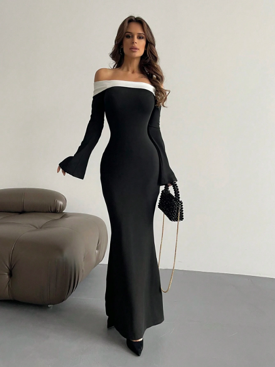 Aloruh Contrast Off Shoulder Bell Sleeve Bodycon Long Black Dress With Sleeves