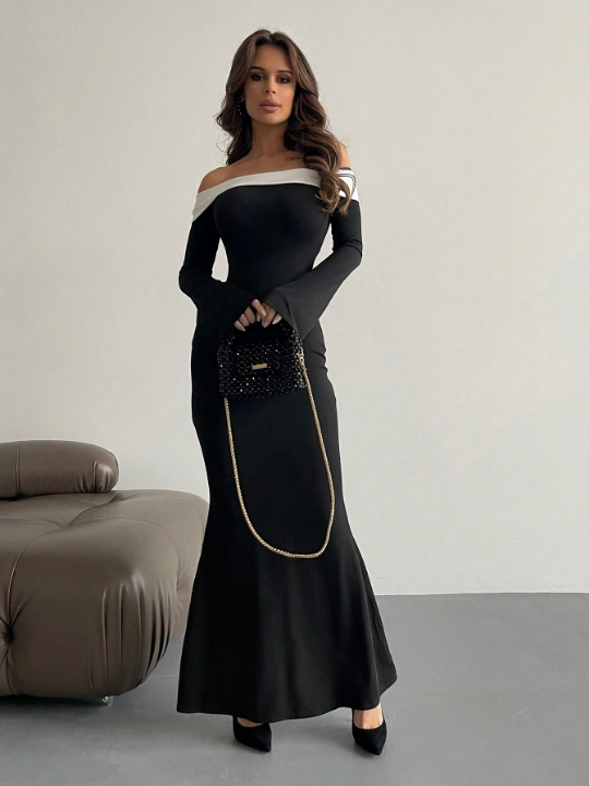 Aloruh Contrast Off Shoulder Bell Sleeve Bodycon Long Black Dress With Sleeves