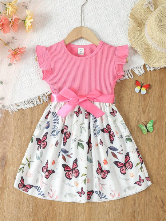 Young Girl Butterfly & Plant Print Belted Dress