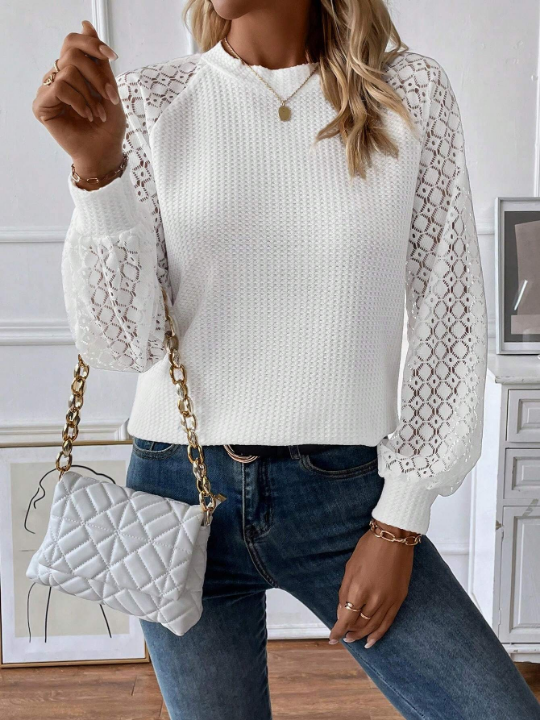 Frenchy Contrast Lace Raglan Sleeve Waffle Knit Top