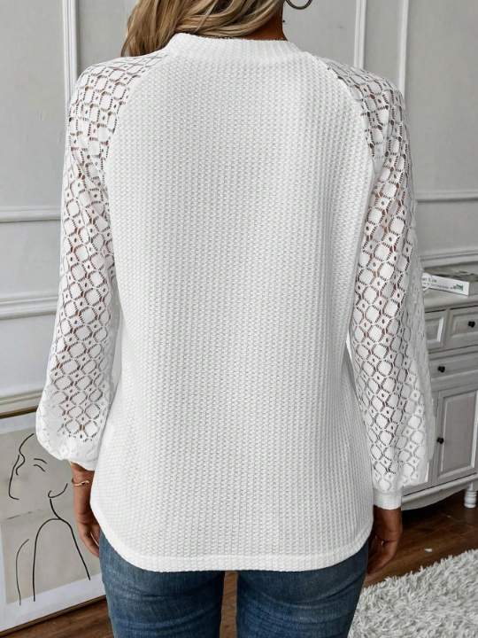 Frenchy Contrast Lace Raglan Sleeve Waffle Knit Top