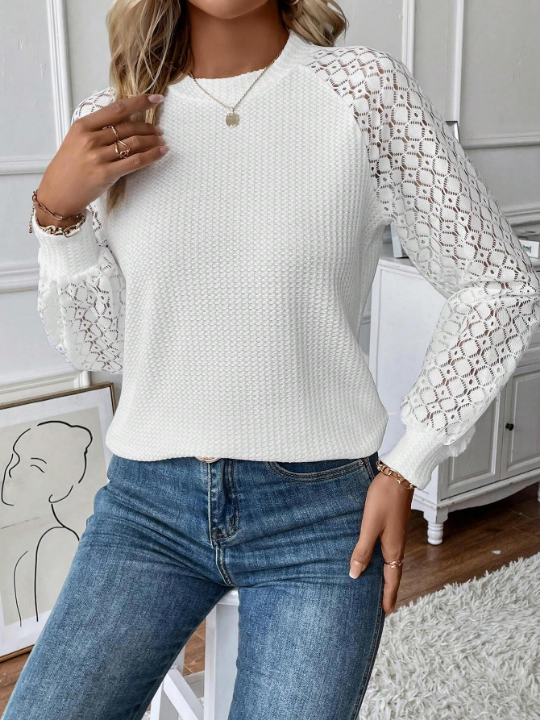 Frenchy Contrast Lace Raglan Sleeve Waffle Knit Top