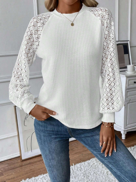 Frenchy Contrast Lace Raglan Sleeve Waffle Knit Top