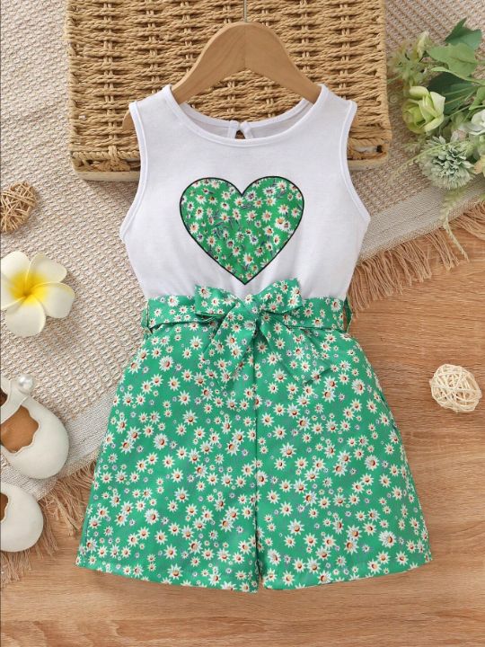 Young Girl Flower Print Romper With Belt, Patchwork Design