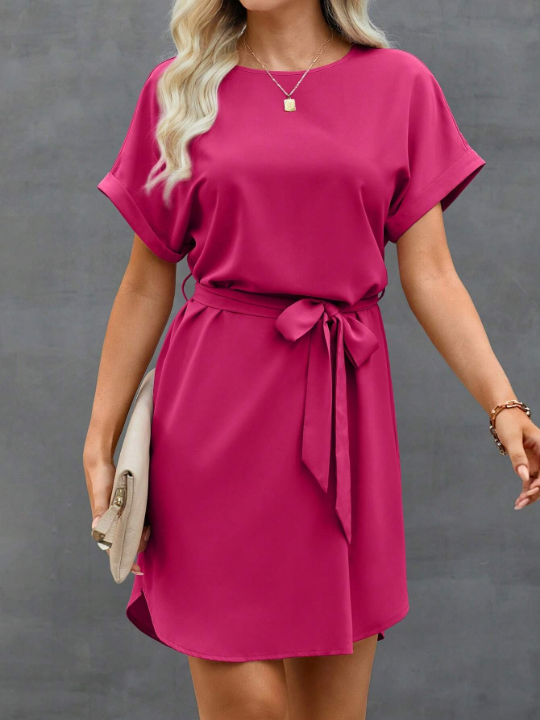 LUNE Solid Color Belted Short-Sleeved Dress