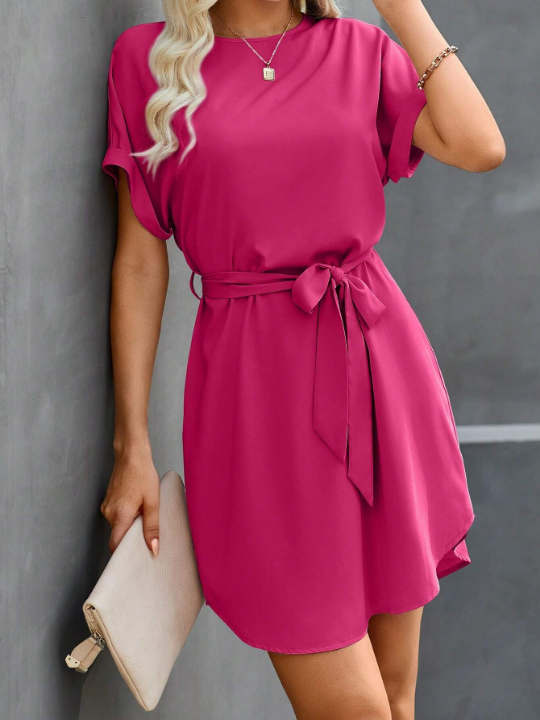 LUNE Solid Color Belted Short-Sleeved Dress