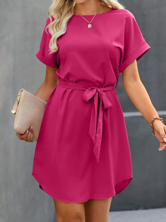 LUNE Solid Color Belted Short-Sleeved Dress