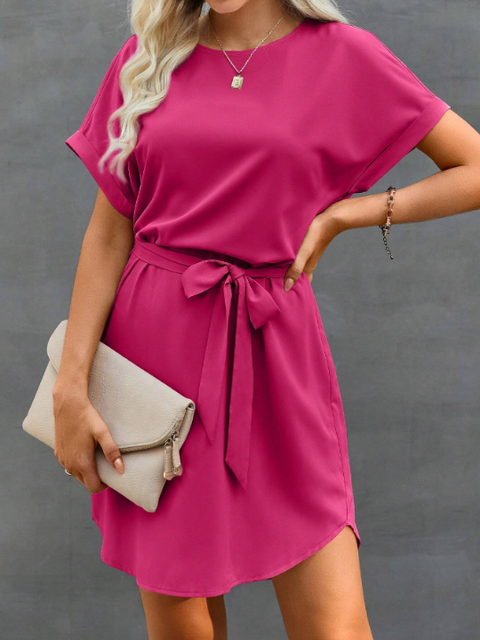 LUNE Solid Color Belted Short-Sleeved Dress