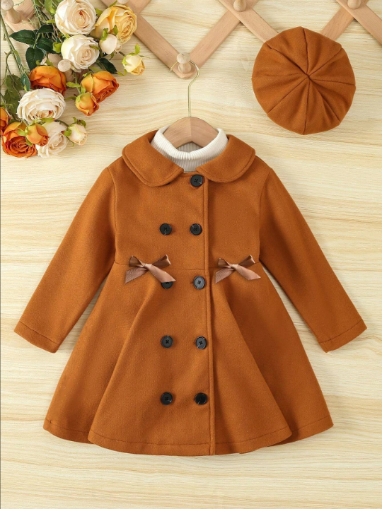 Toddler Girls' Woolen Coat With Double-Breasted Closure, Flared Hem, And Matching Hat For Autumn/Winter