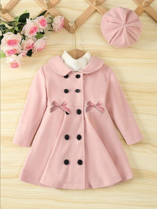 Toddler Girls' Woolen Jacket With Double Breasted Front, Flared Hem And Matching Hat For Autumn And Winter