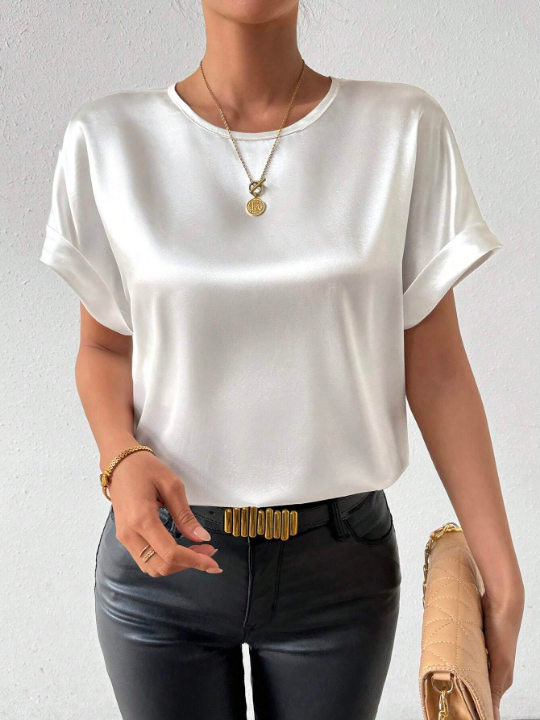 Priv Batwing Short Satin Sleeve Blouse With Round Neckline