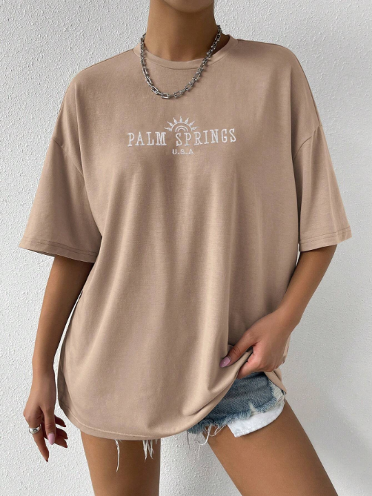 Drop Shoulder Letter Print T-Shirt