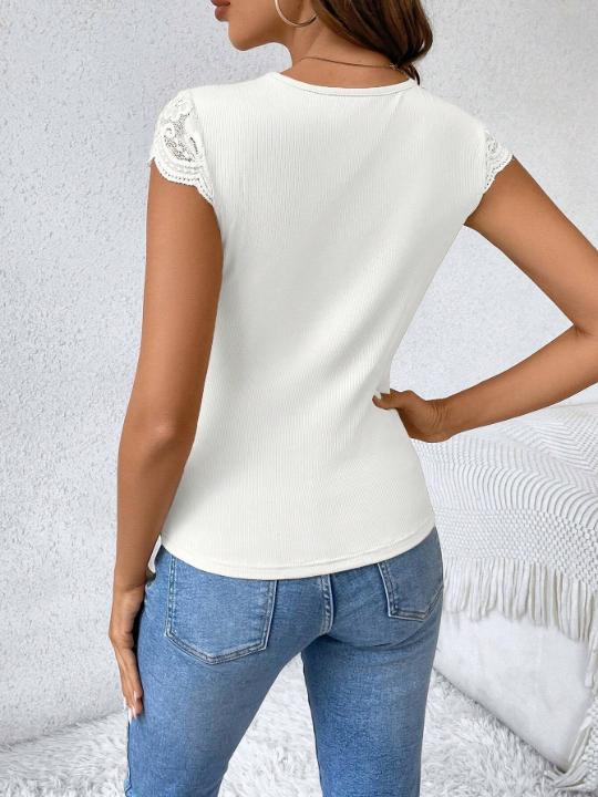 Frenchy Ladies' Lace Patchwork Ribbed Short Sleeve T-Shirt