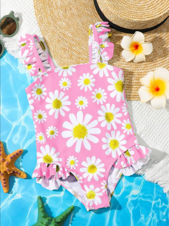 Young Girl Floral Print Ruffled One Piece Swimsuit