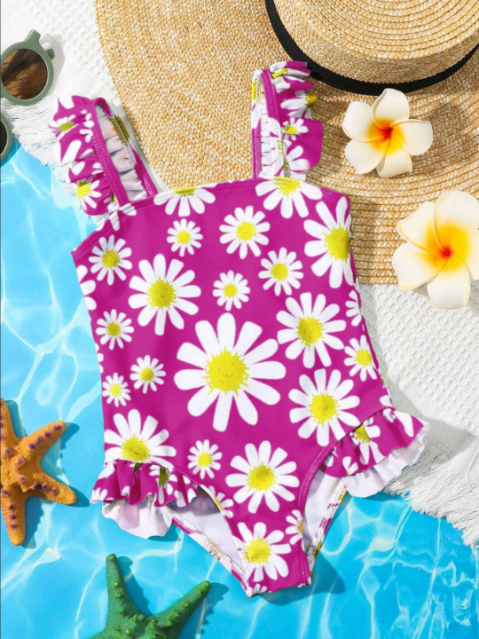 Young Girl One-Piece Swimsuit With Floral Print, Ruffle Trimmed Shoulder Straps And Hem