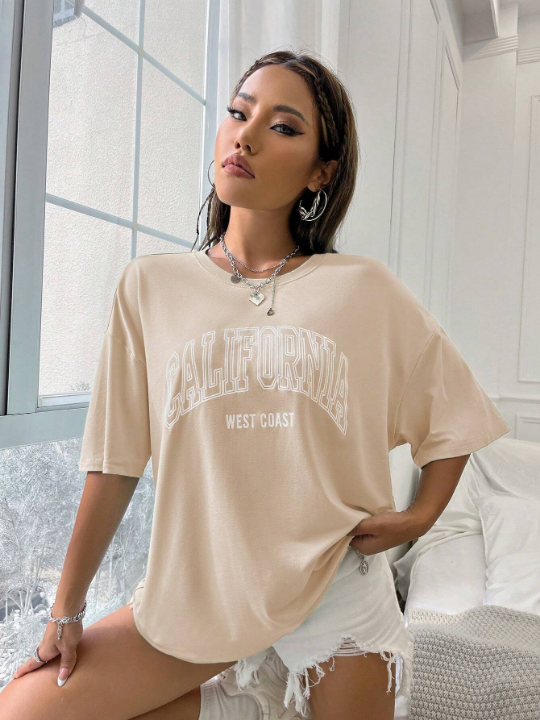 Loose Fit Drop Shoulder T-Shirt With Letter Print