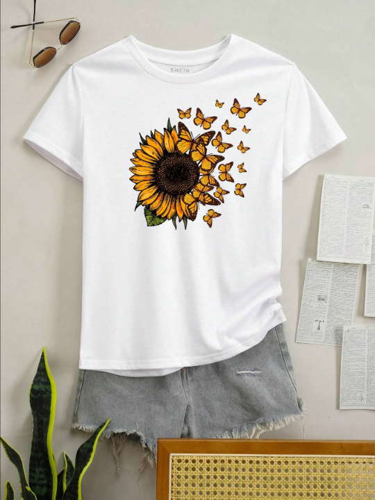 LUNE Women's Short Sleeve T-Shirt With Butterfly And Sunflower Print