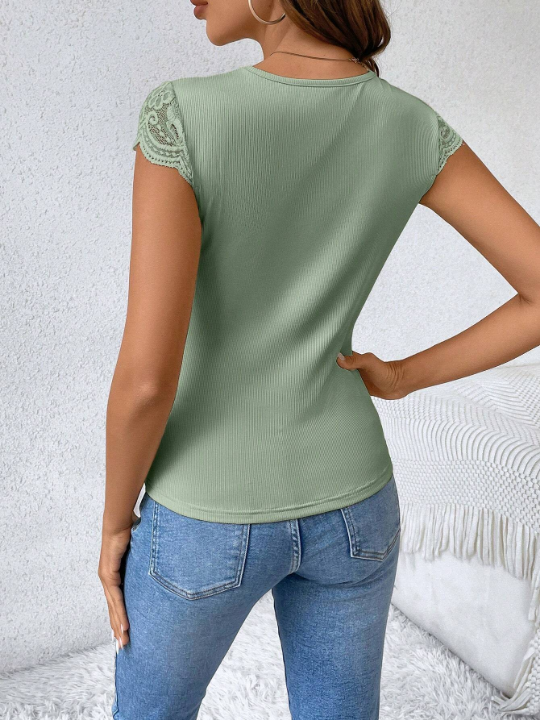 Frenchy Slim Fit T-Shirt With Lace Panel And Button Decorations