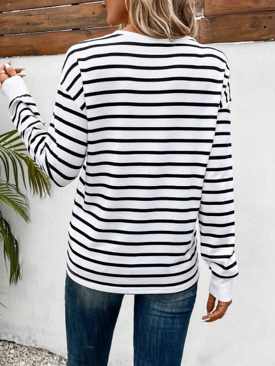 LUNE Women's Round Neck Striped Drop Shoulder Long Sleeve T-Shirt