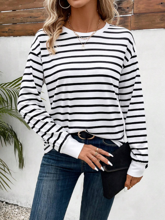 LUNE Women's Round Neck Striped Drop Shoulder Long Sleeve T-Shirt