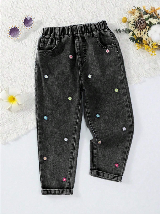 Young Girl Resort Style Cute Casual Loose Colorful Flower Embroidered Tapered Jeans