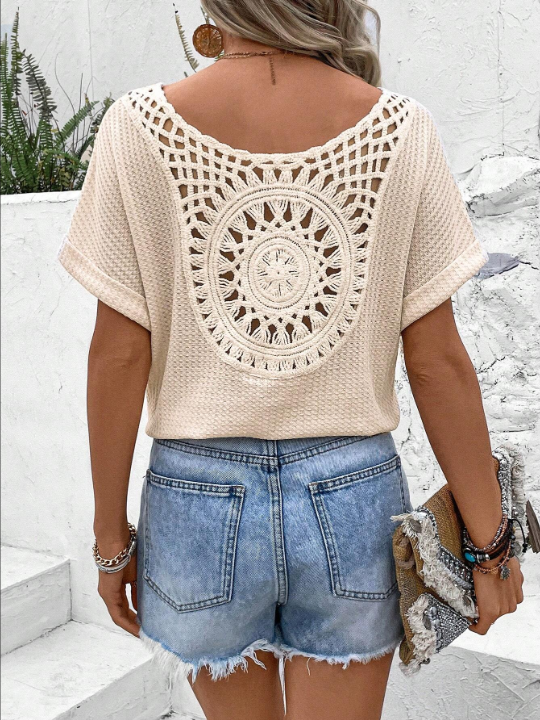 VCAY Summer  Crochet Panel V-Neck Batwing Sleeve T-Shirt