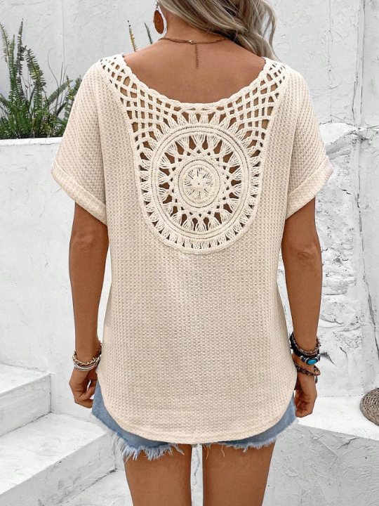 VCAY Summer  Crochet Panel V-Neck Batwing Sleeve T-Shirt