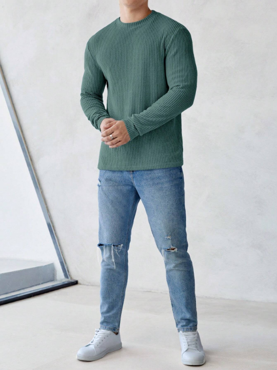 Manfinity Homme Men's Solid Color Rib Knit Long Sleeve T-Shirt