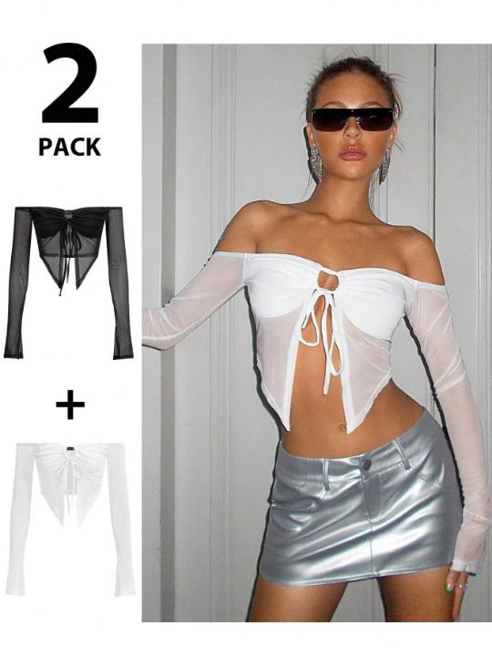 ICON Y2k Summer 2-Color Ladies' Mesh Splice Drawstring Gathered Halter Neck Crop Top With Side Slit