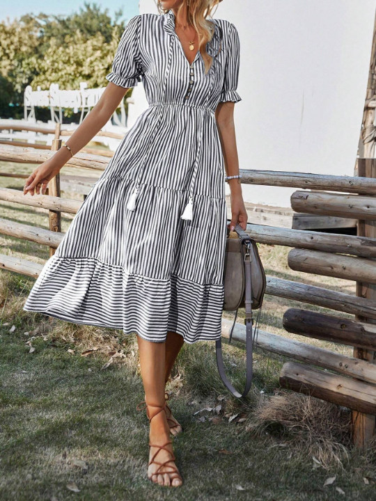 Frenchy Striped Collared Belted Dress