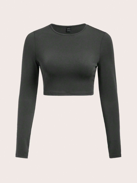 BASICS Round Neck Long Sleeve Cropped T-Shirt