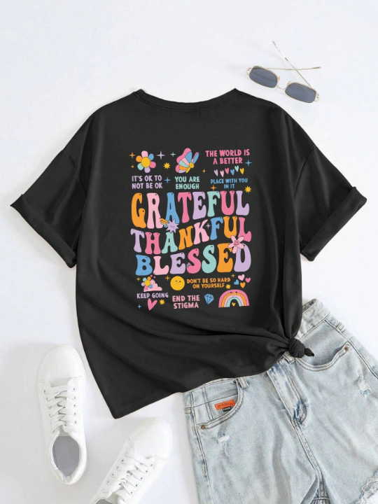 Women's Fashionable Fun Cartoon & Slogan Print Drop Shoulder Short Sleeve T-Shirt For Casual Wear