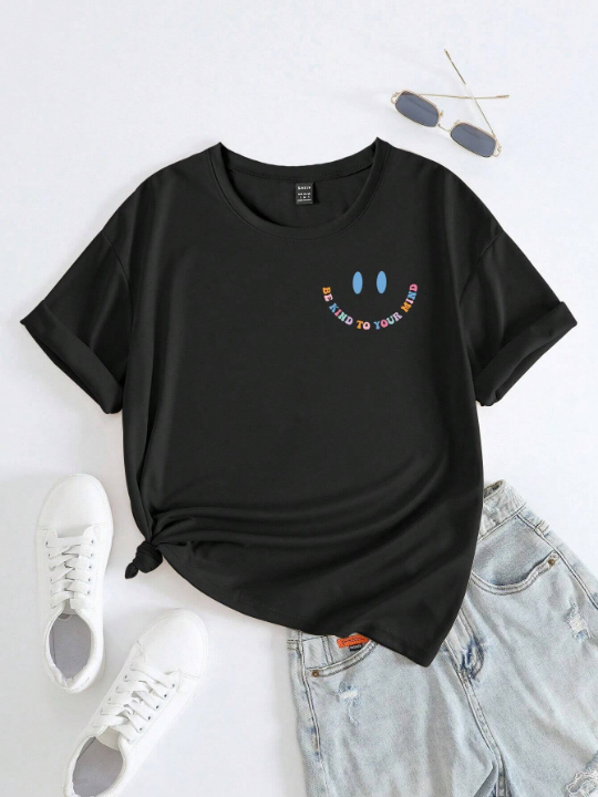 Women's Fashionable Fun Cartoon & Slogan Print Drop Shoulder Short Sleeve T-Shirt For Casual Wear