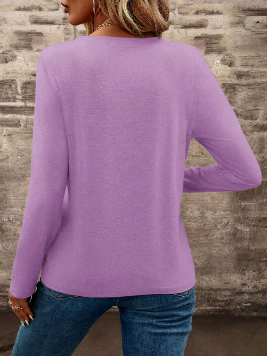 LUNE Solid Color Long Sleeve T-Shirt With Notched Neckline