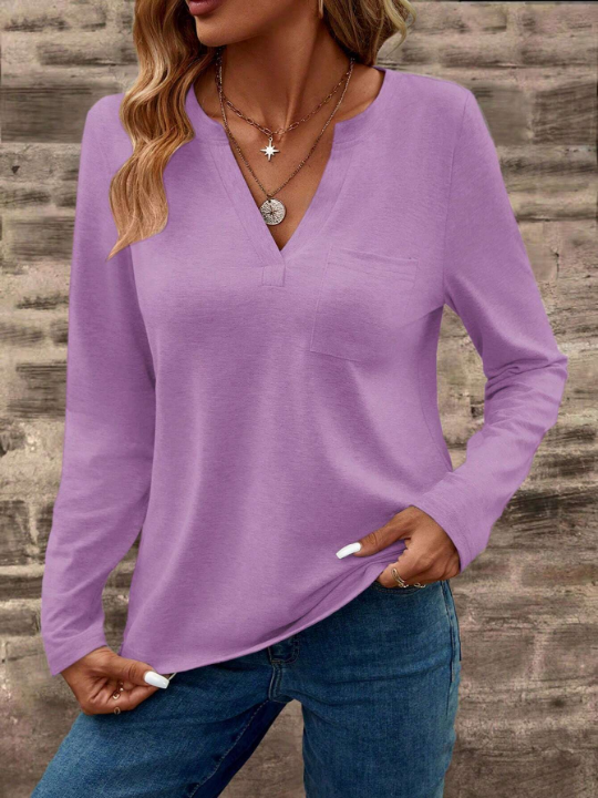 LUNE Solid Color Long Sleeve T-Shirt With Notched Neckline