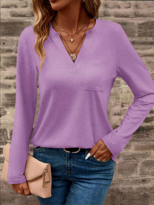 LUNE Solid Color Long Sleeve T-Shirt With Notched Neckline