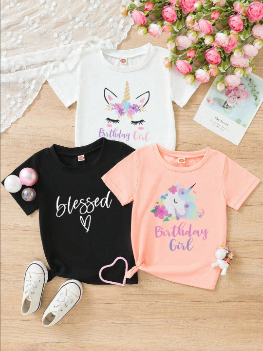 Young Girl Letter Print Short Sleeve T-Shirt