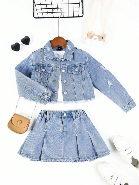 Young Girl Distressed Frayed Denim Outfit