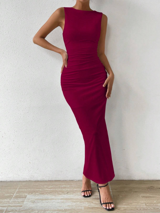 BAE Solid Color Pleated Side Slit Dress