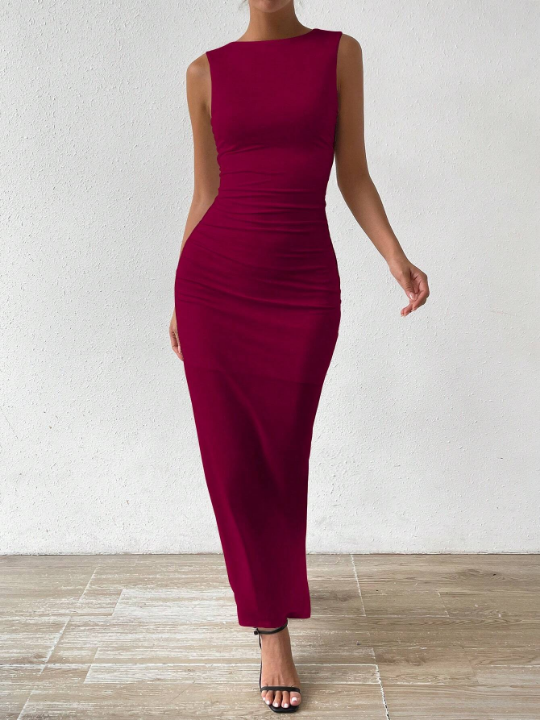 BAE Solid Color Pleated Side Slit Dress