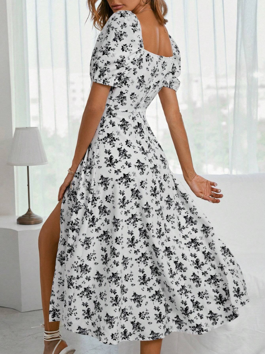 VCAY Floral Print Puff Short Sleeve High Slit Dress