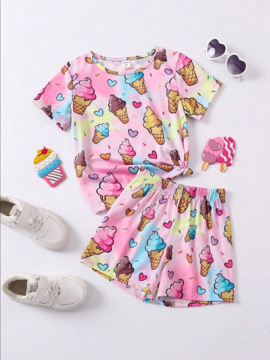 Kids QTFun Young Girls' Ice Cream Printed Tie-Dye Short Sleeve T-Shirt And Shorts Set