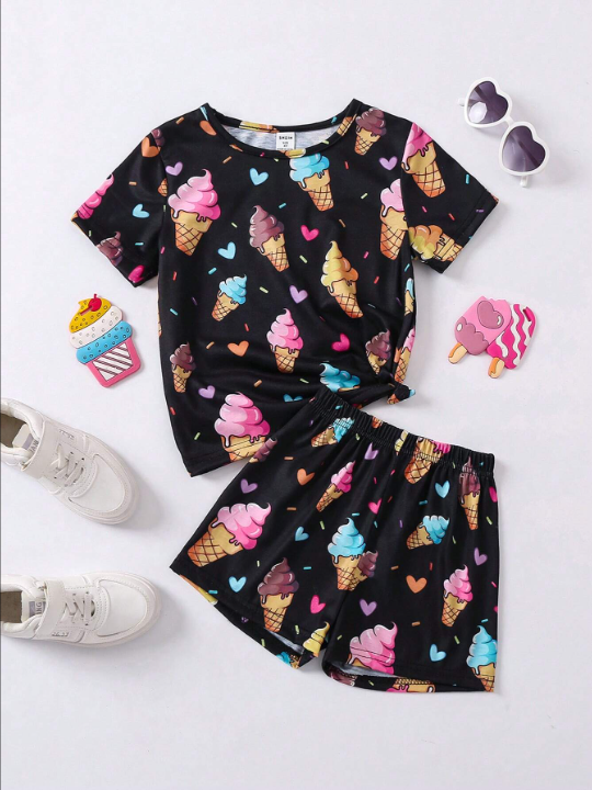 Young Girl Ice Cream Heart Print Two Piece Set