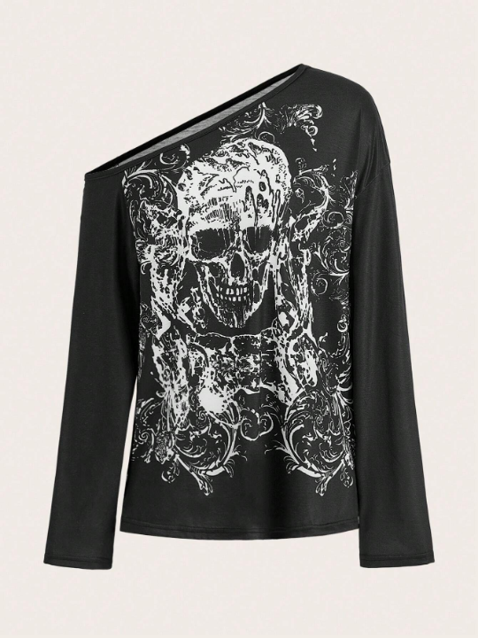 ROMWE Goth Skull Pattern Asymmetrical Neckline T-Shirt