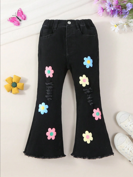 Little Girls' Vintage & Lovely Dopamine Color Block Flower Printed Frayed Black Bell Bottom Jeans With Excellent Stretch