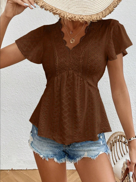 Frenchy Ladies' Lace Patchwork Ruffle Short Sleeve Blouse