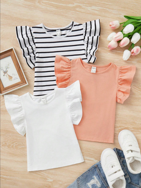 SHEIN Young Girl 3pcs Striped Ruffle Trim Tee