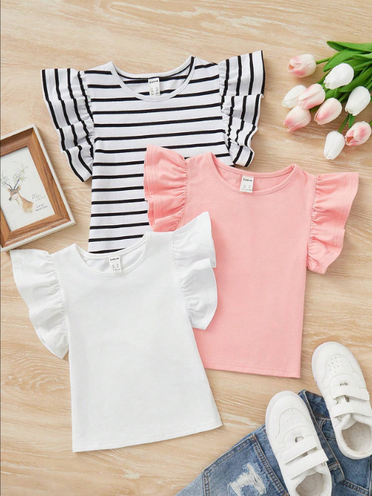 SHEIN Kids EVRYDAY Young Girl Casual Comfortable Round Neck Ruffle Trimmed T-Shirt Set Of 3